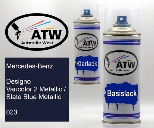Mercedes-Benz, Designo Varicolor 2 Metallic / Slate Blue Metallic, 023: 400ml Sprühdose + 400ml Klarlack - Set, von ATW Autoteile West.